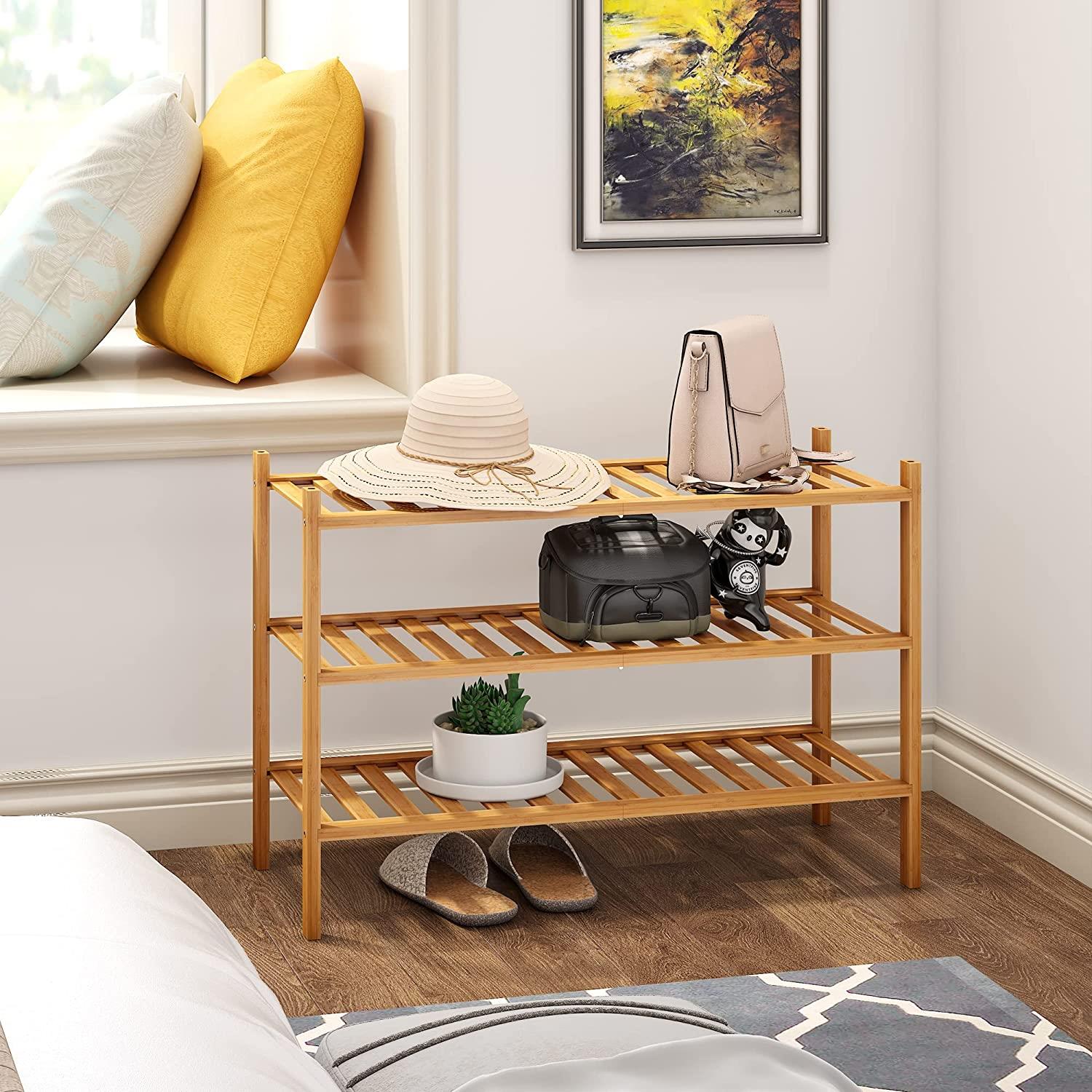BMOSU 3-Tier Bamboo Shoe Rack Premium Stackable Shoe Shelf Storage